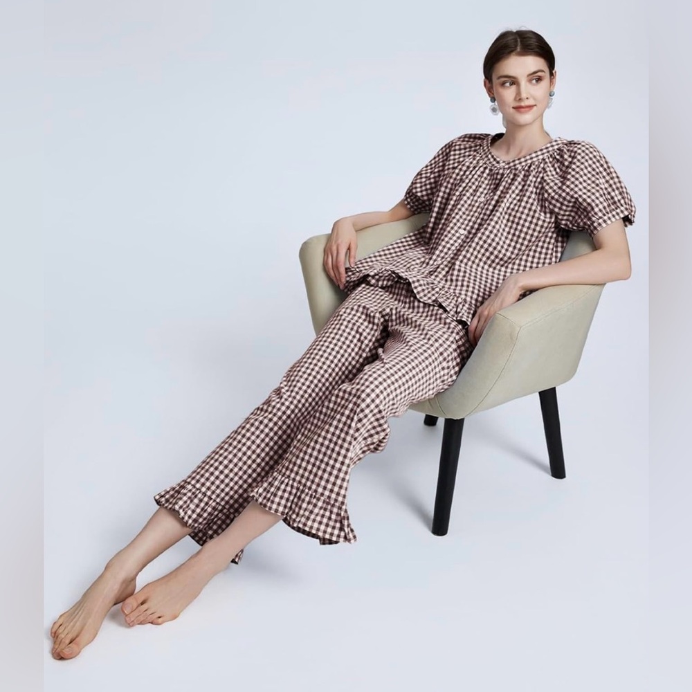 Gingham Ruffle Pajama Set, Short Sleeve Babydoll Top & Cropped Pants